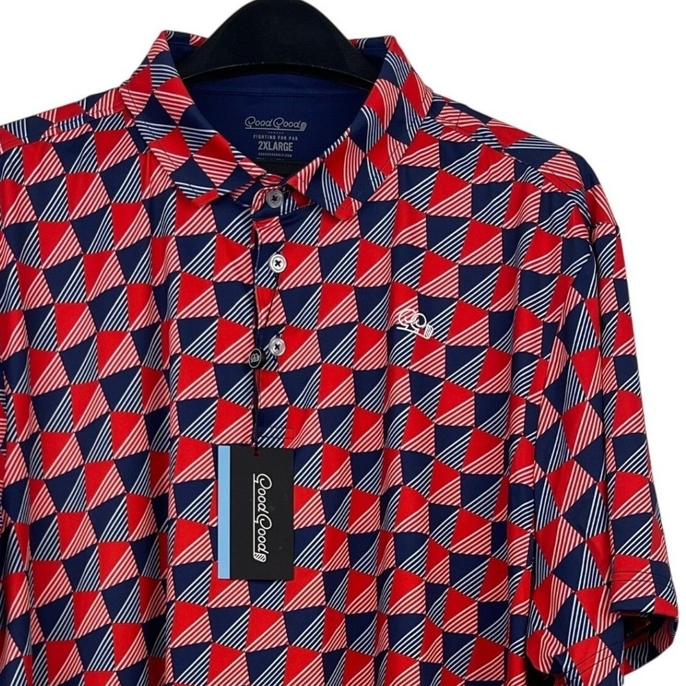 NEW Good Good Golf Polo "Check Me Out" Mens 2XL Red Navy Geometric USA $74.99